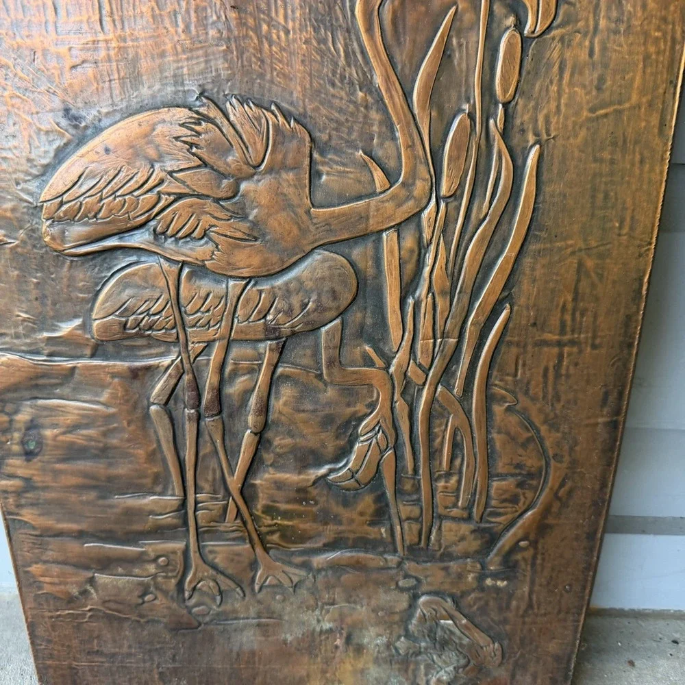 Vintage MCM Copper Relief Wall Art Plaque Embossed Flamingo Heron Bird In Marsh